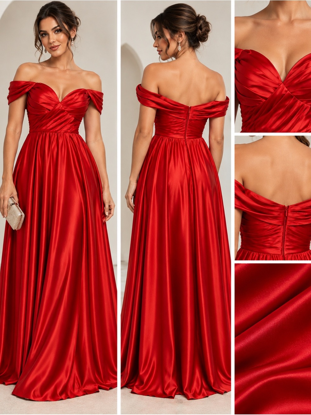 Red Satin Off Shoulder Ruched Formal Maxi Gown Size 14 NWT